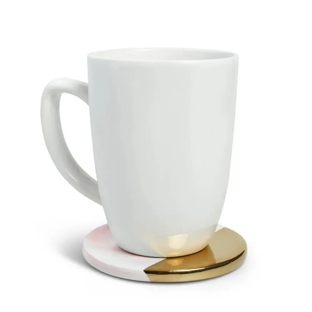 Luxury Pink And White Marble Gold Accent Round Beverage Coasters - Set Of 6